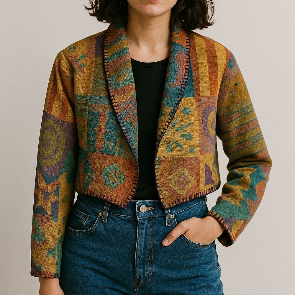 Cropped Multicolor Shawl Collar Blazer - Geometric Print